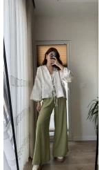 Gofre Kumaş Bağcıklı Palazzo Pantolon Haki