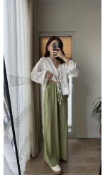 Gofre Kumaş Bağcıklı Palazzo Pantolon Haki