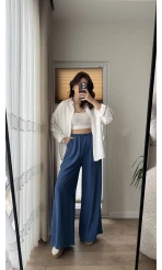 Gofre Kumaş Bağcıklı Palazzo Pantolon Mavi