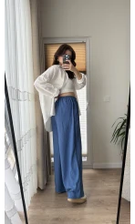 Gofre Kumaş Bağcıklı Palazzo Pantolon Mavi