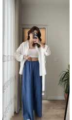 Gofre Kumaş Bağcıklı Palazzo Pantolon Mavi