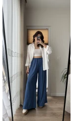 Gofre Kumaş Bağcıklı Palazzo Pantolon Mavi