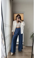 Gofre Kumaş Bağcıklı Palazzo Pantolon Mavi