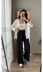 Gofre Kumaş Bağcıklı Palazzo Pantolon Siyah