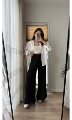 Gofre Kumaş Bağcıklı Palazzo Pantolon Siyah