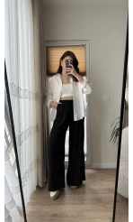 Gofre Kumaş Bağcıklı Palazzo Pantolon Siyah