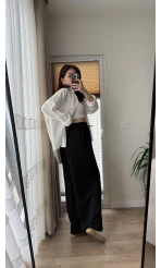 Gofre Kumaş Bağcıklı Palazzo Pantolon Siyah