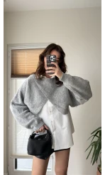 Gömlekli Gri Yarasa Kol Triko