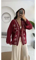 Granny İşlemeli Bordo Kimono - 7009
