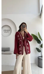 Granny İşlemeli Bordo Kimono - 7009