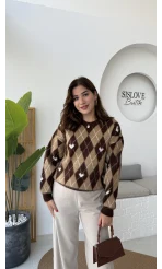 Gretta Kalp Detaylı Baklavalı Triko Kazak - Acı Kahve - Kod: 9032