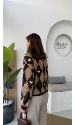 Gretta Kalp Detaylı Baklavalı Triko Kazak - Acı Kahve - Kod: 9032