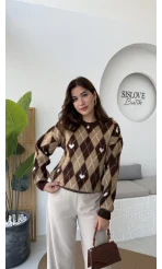 Gretta Kalp Detaylı Baklavalı Triko Kazak - Acı Kahve - Kod: 9032