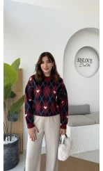 Gretta Kalp Detaylı Baklavalı Triko Kazak - Bordo Lacivert - Kod: 9032