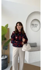 Gretta Kalp Detaylı Baklavalı Triko Kazak - Bordo Lacivert - Kod: 9032