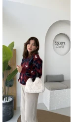 Gretta Kalp Detaylı Baklavalı Triko Kazak - Bordo Lacivert - Kod: 9032