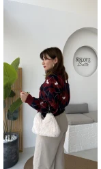 Gretta Kalp Detaylı Baklavalı Triko Kazak - Bordo Lacivert - Kod: 9032