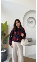 Gretta Kalp Detaylı Baklavalı Triko Kazak - Bordo Lacivert - Kod: 9032