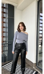 Gri Düşük Yaka Yarasa Kol Bluz