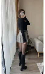 Gri Kemerli Pileli Şort Etek