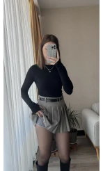 Gri Kemerli Pileli Şort Etek