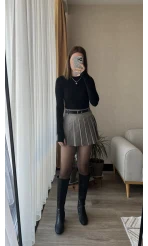 Gri Kemerli Pileli Şort Etek