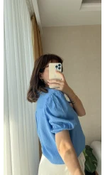 Gül Balon Kol Mavi Gömlek