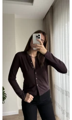 Gümüş Düğme Detaylı Hırka Acı Kahve