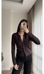 Gümüş Düğme Detaylı Hırka Acı Kahve