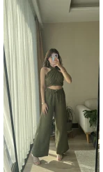 Haki Boyundan Bağlamalı Müslin Kumaş Takım