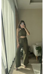 Haki Boyundan Bağlamalı Müslin Kumaş Takım