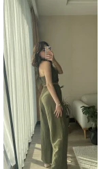 Haki Boyundan Bağlamalı Müslin Kumaş Takım