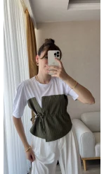 Haki Çizgili Detay T-Shirt