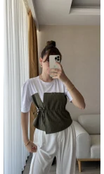 Haki Çizgili Detay T-Shirt