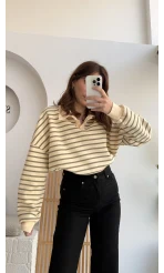 Haki Çizgili Krem Polo Yaka Sweatshirt