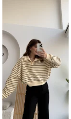 Haki Çizgili Krem Polo Yaka Sweatshirt