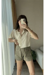 Haki Müslin Keten Karışımlı Şort