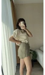 Haki Müslin Keten Karışımlı Şort