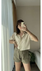 Haki Müslin Keten Karışımlı Şort