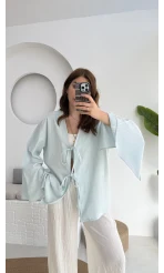 Happyi Kimono Bağlamalı Keten Bluz Bebe Mavisi