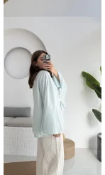 Happyi Kimono Bağlamalı Keten Bluz Bebe Mavisi