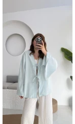 Happyi Kimono Bağlamalı Keten Bluz Bebe Mavisi
