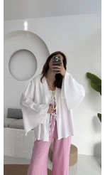 Happyi Bağlamalı Keten Bluz Beyaz