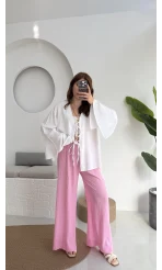 Happyi Bağlamalı Keten Bluz Beyaz