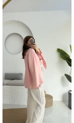 Happyi Kimono Bağlamalı Keten Bluz Pembe
