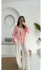 Happyi Kimono Bağlamalı Keten Bluz Pembe