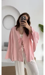 Happyi Kimono Bağlamalı Keten Bluz Pembe