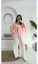 Happyi Kimono Bağlamalı Keten Bluz Pembe