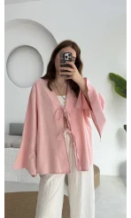 Happyi Kimono Bağlamalı Keten Bluz Pembe
