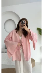 Happyi Kimono Bağlamalı Keten Bluz Pembe